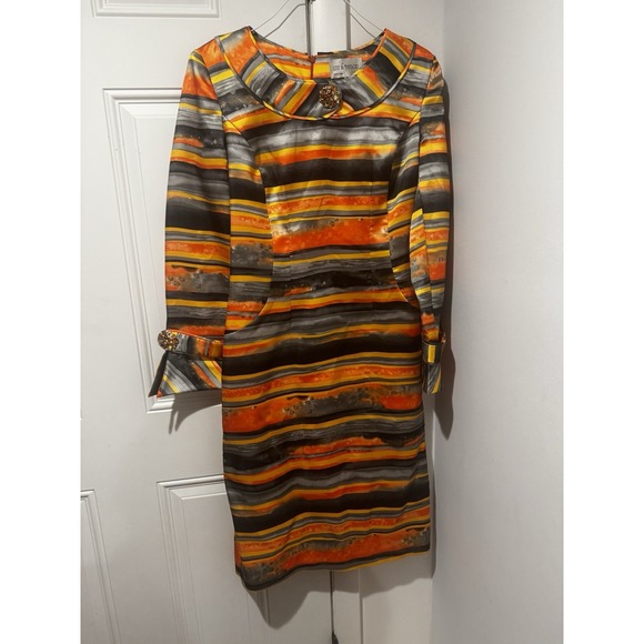 Vintage Lily & Taylor Dress Orange Grey Black Sz 12 Brooch 80s/90s Shoulder Pads